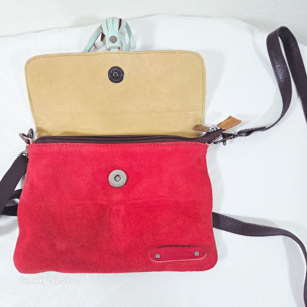 Soruka Recycled Leather Cowhide Crossbody Clutch Bag Red Teal Tassel - Picture 3 of 8